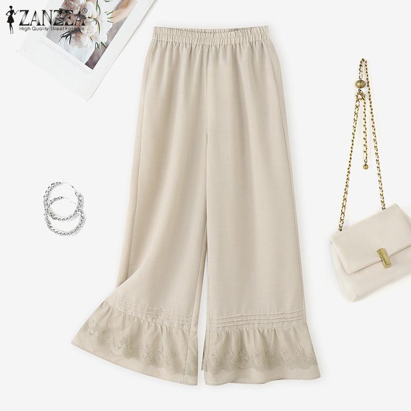 ZANZEA Женские повседневные брюки свободного кроя с эластичной талией и кружевной отделкой