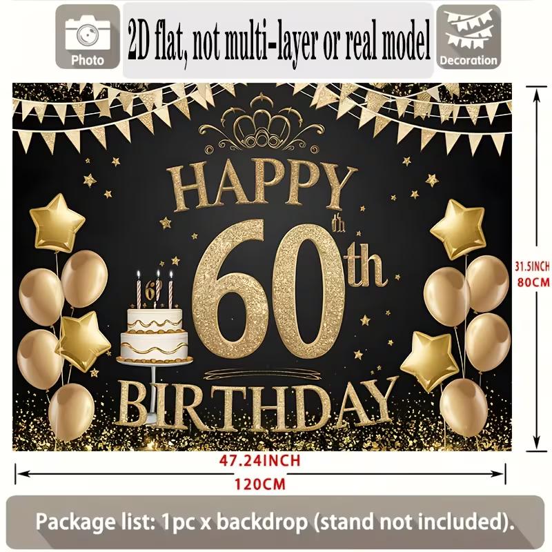 2D 60th Birthday Backdrop Black Gold Glitter - Party Decoration Photo Booth Background