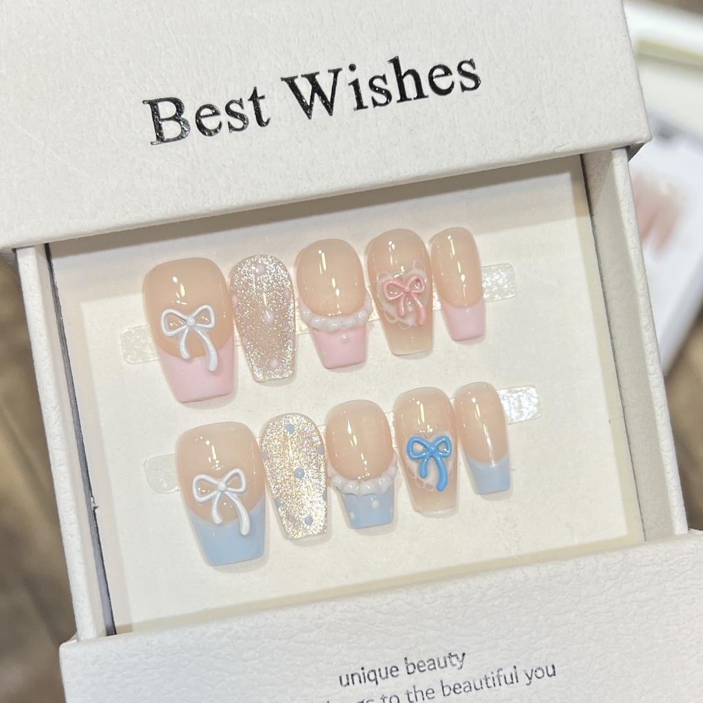 Summer Fresh Wear Armor Handmade Polka Dot Cat Eye Bow Nude Skirt French Manicure Removable Nails