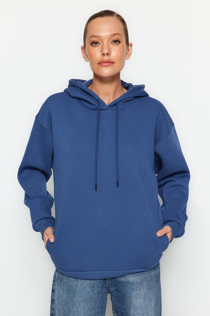 Women's Fashion New Sweatshirt Indigo Thick Inside Fleece Pocket Detailed Hooded Regular Normal Fit Knitted Sweatshirt