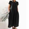 Women's Summer Casual Solid Color Short-sleeve O-neck Stitching Loose Pocket Cotton Linen Dress