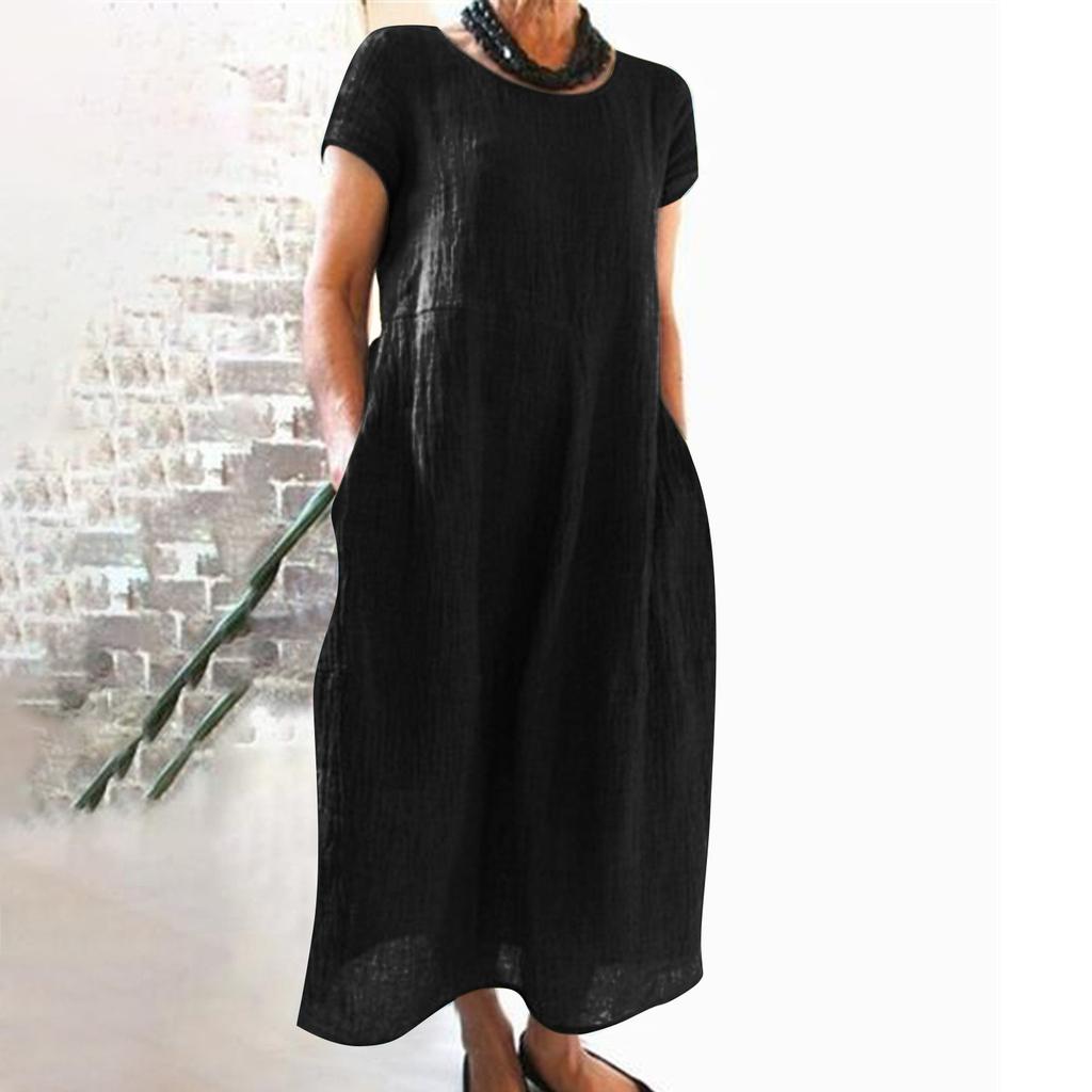 Women's Summer Casual Solid Color Short-sleeve O-neck Stitching Loose Pocket Cotton Linen Dress