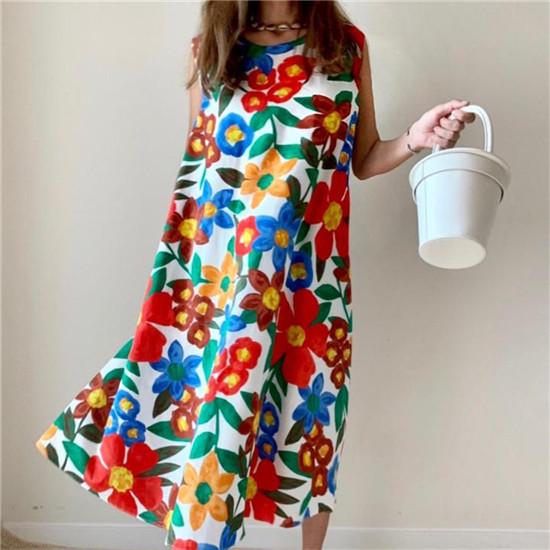 Женское платье свободного покроя с цветочным принтом, без рукавов, с круглым вырезом, длиной до середины голени, повседневное длинное платье больших размеров, новое модное женственное платье для женщин