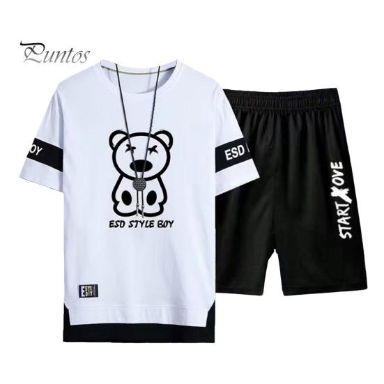 2 шт./компл., мужская спортивная одежда с круглым вырезом и коротким рукавом, футболка с рисунком медведя, эластичная талия, широкие шорты, комплект, свободная спортивная одежда