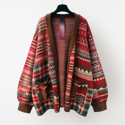2025 Зимний Большой Размер Принт Осень Женщины Пуговицы Свитера Куртка Вязание Повседневный Стиль Свободный Кардиган Свитер