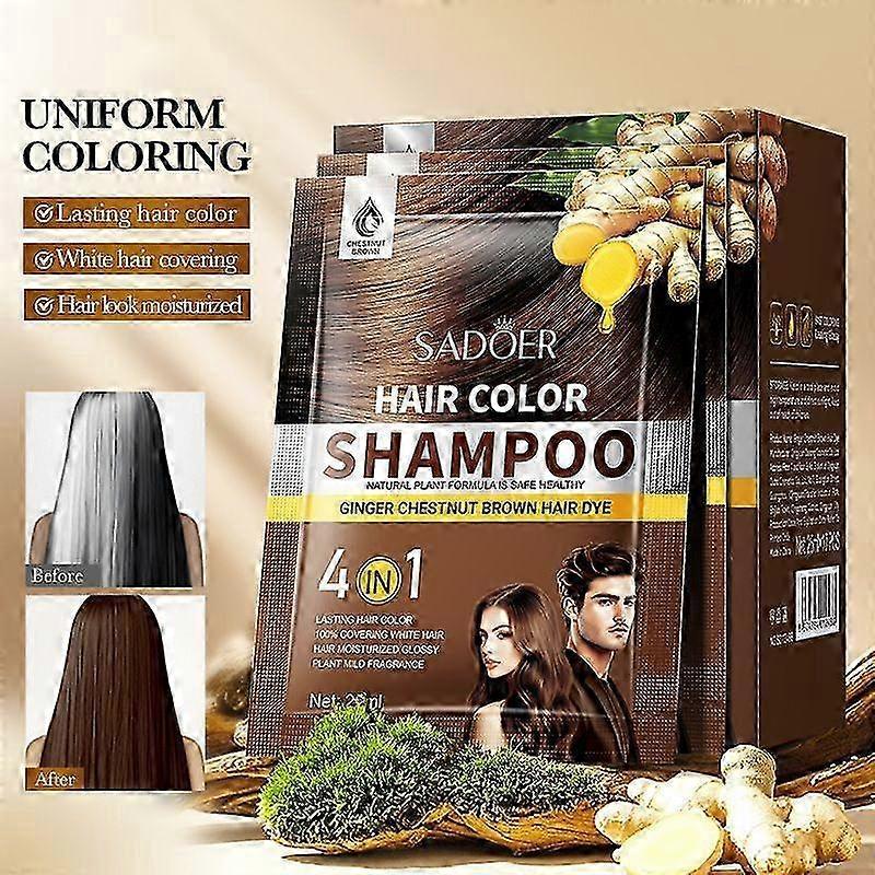 Gray Hair Color Shampoo - Natural Ginger Chestnut Brown Hair Dye Shampoo for Long-Lasting Color in Minutes, 25ml x 10pcs, Travel Size