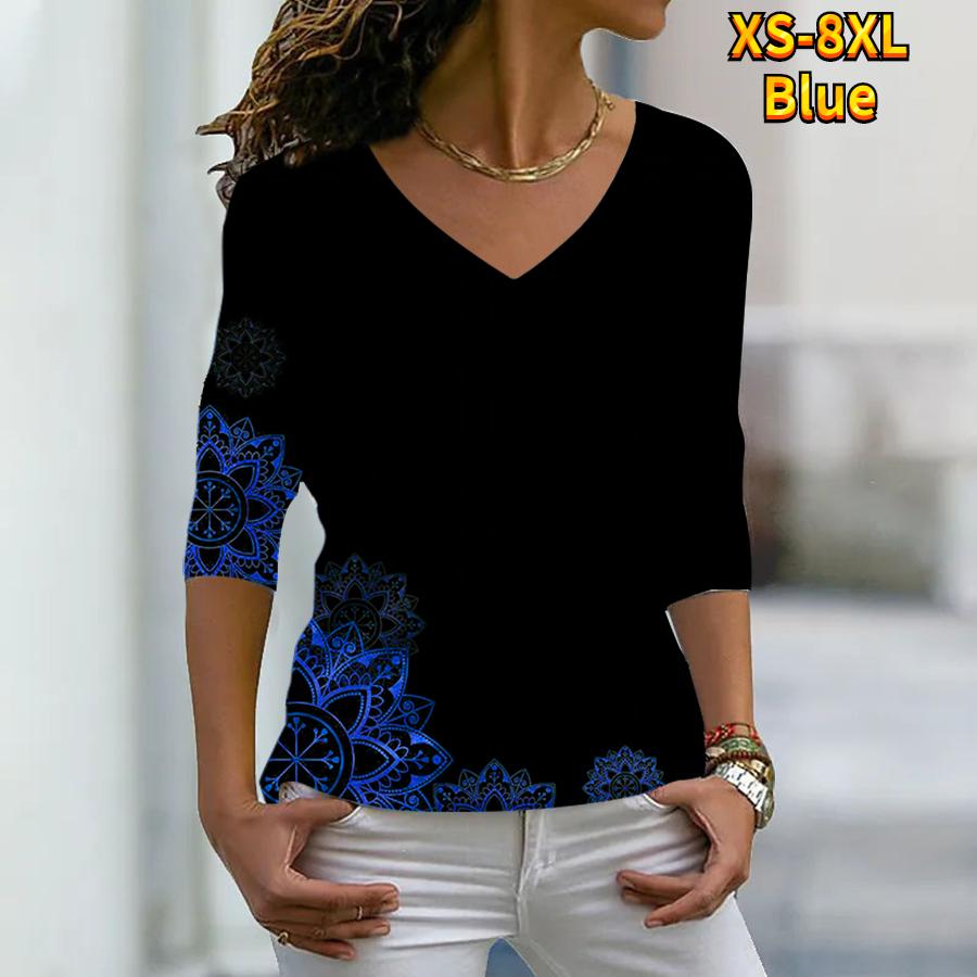 Женские осенние футболки с длинными рукавами с цветочным симметричным принтом подсолнечника, свободные футболки с v-образным вырезом размера плюс, топы, удобная блузка