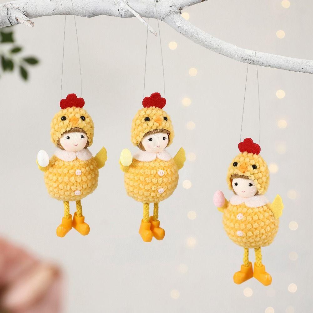 Creative Cartoon Chiken Easter Dolls Hanging Ornaments Yellow Scene Model Hanging with Eggs Easter Chicken Festival Supplies