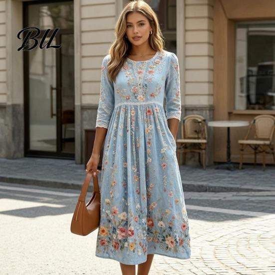 Office Work Dresses for Women Long Sleeve Floral Dress, Cottagecore Waist Cinching Stylish Dates And Shopping Autumn Midi Dress Vacation Street Party