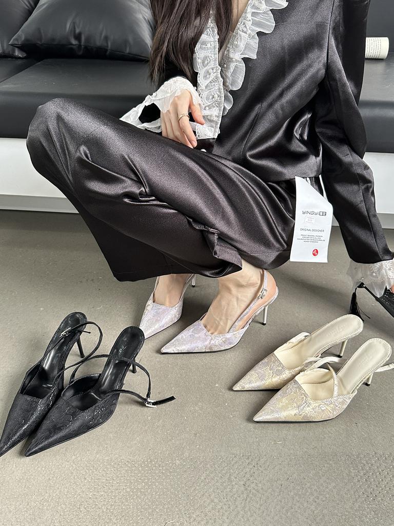 Мода Черный Бежевый Фиолетовый Женские Сандалии Острый Носок Летние Туфли Шелковые Элегантные Модные Вечерние Сандалии Тонкие Высокие Каблуки Сзади Ремешок 39