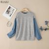 Women Round Neck Spllice Long Sleeve Loose Casual Blouse
