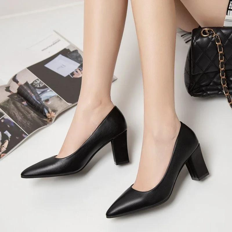 Модные туфли-лодочки из мягкой кожи и ткани на каблуке, туфли с острым носком, женские туфли без шнуровки на квадратном каблуке, женские офисные повседневные рабочие туфли