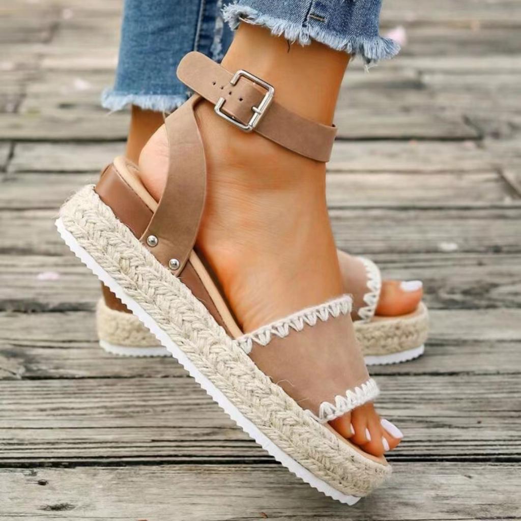 2024 Summer Women Sandals High Heel Sandals Women Open Toe Suit Female Large Size Clogs Wedge Muffins Shoe Buckle Strap Suede Sandals