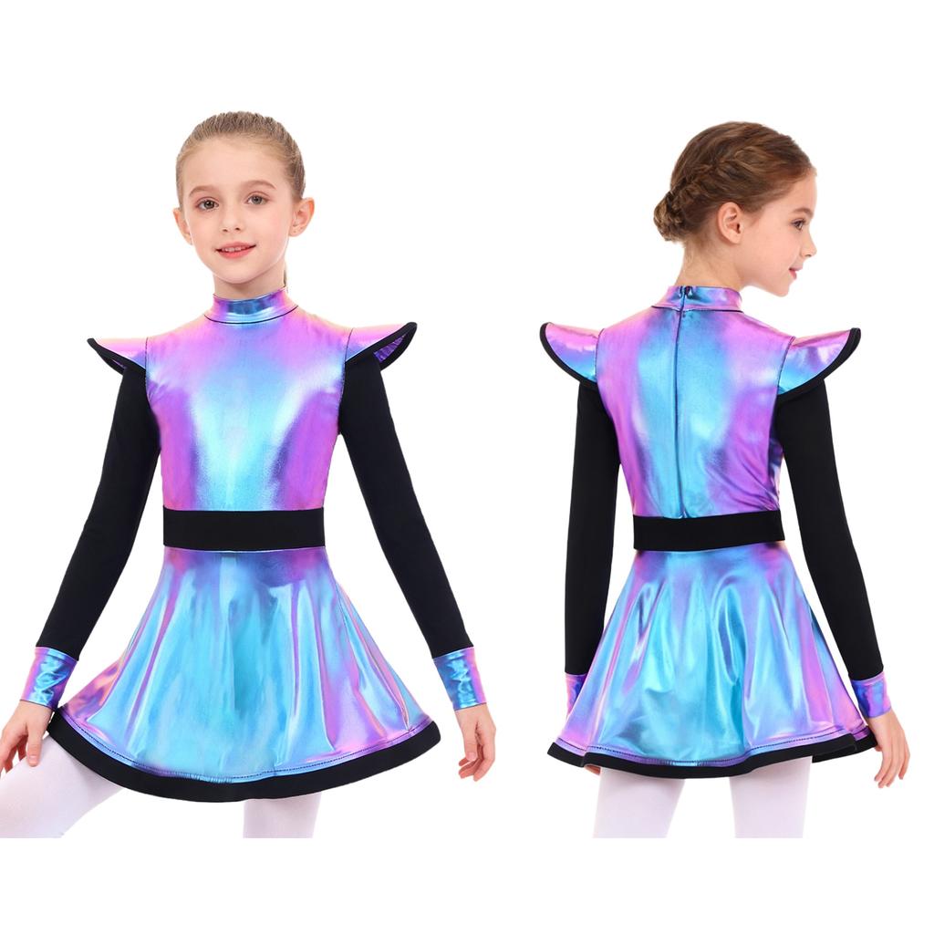 Детское платье-трансформер для девочек 'Инопланетный бал': Металлический блеск, воротник-стойка, длинный рукав, пэчворк-дизайн, скрытая молния сзади, встроенные шорты для косплей-вечеринки