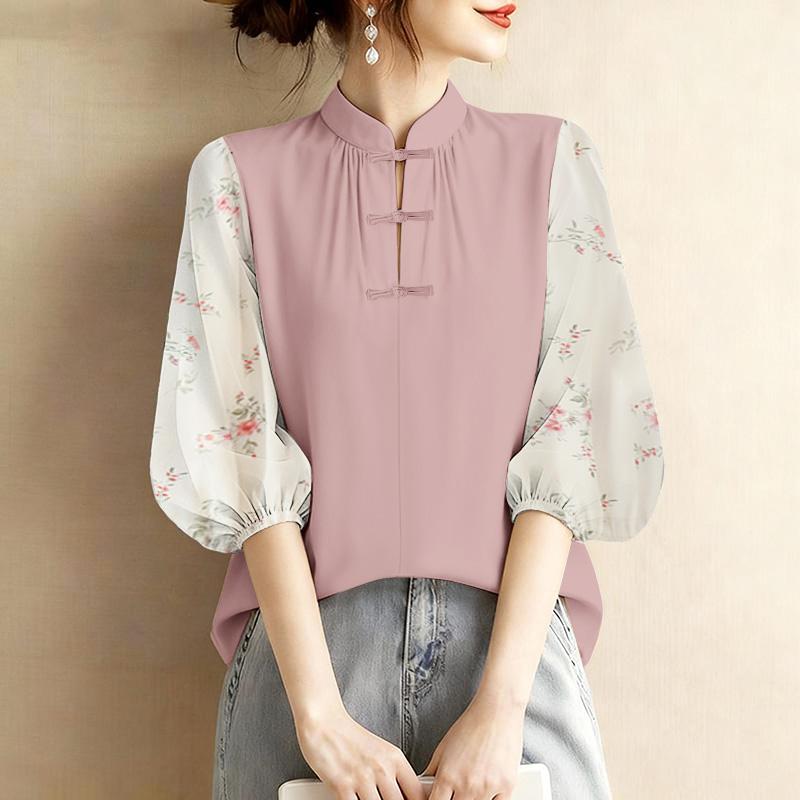 ZANZEA Женская повседневная блузка свободного кроя с воротником-стойкой и рукавами 3/4