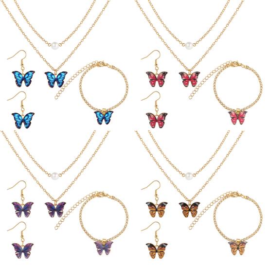 1 Set Dual Layers Butterflies Necklace Elegant Earrings Rhinestone Inlay Bracelet Jewelry Kit Accessories
