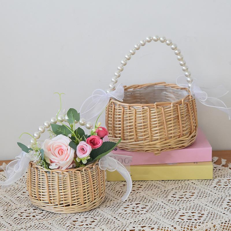 Woven Flower Basket Wedding Flower Girl Baskets with Handle Girl Baskets Sturdy Picnic Home Decor Flower Basket Wedding Supplies