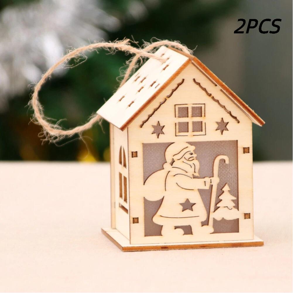 Christmas Tree Ornament, 2pcs Wooden Luminous Pendant Christmas Creative Small House Pendant for Xmas New Year Home Party Decor