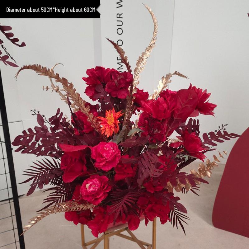 Red Floral Wedding Stage Backdrop with Artificial Flower Rows