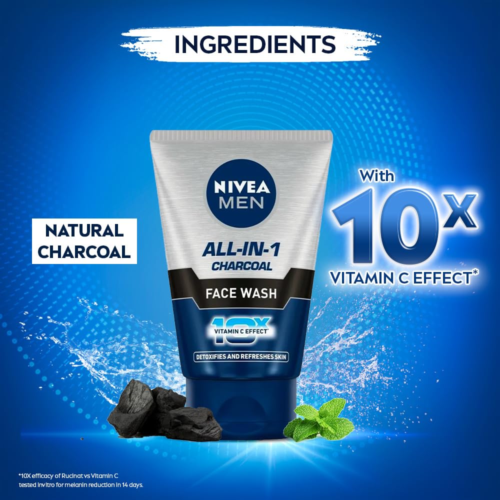 NIVEA MEN Гель для умывания 3 в 1 с углем | Натуральный уголь, Глютатион, AHA и Витамин C | Помогает уменьшить проявления загара | Удаляет излишки жира и Mi