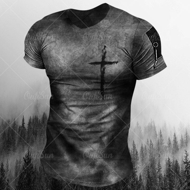 Винтажные мужские футболки с принтом креста Иисуса, летние дышащие свободные топы с короткими рукавами из полиэстера с круглым вырезом, большие размеры, рок-стрит топы