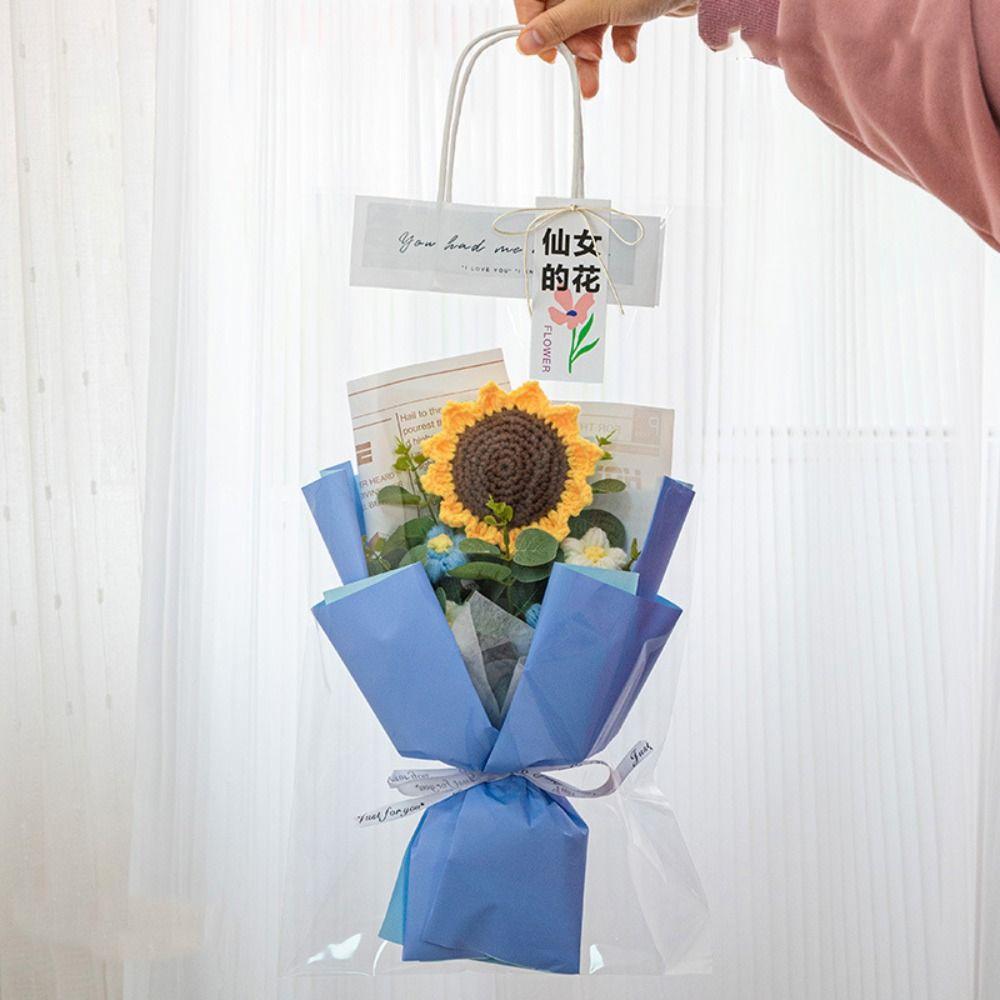 Handmade Hand-woven Sunflower with Bag Knitted Flowers Bouquet Simulation Flower Teachers' Day