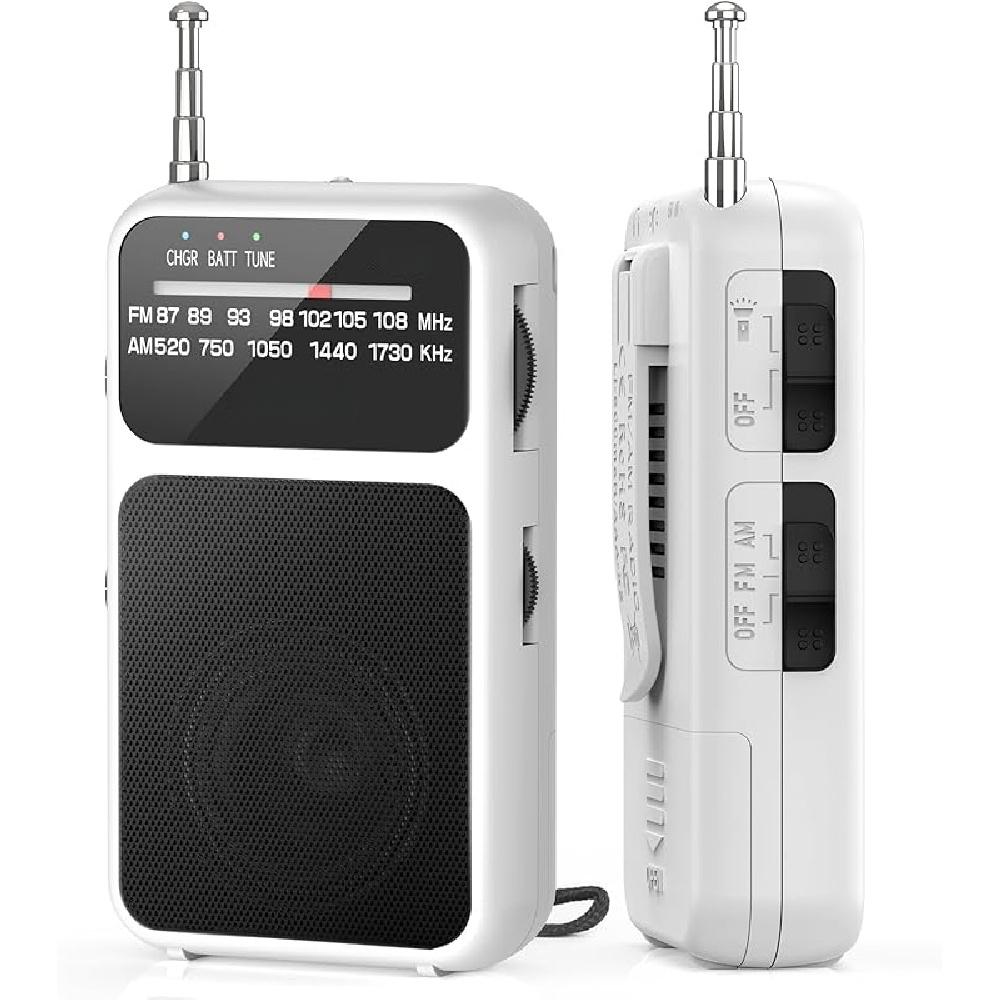 Карманный радиоприемник AM FM USB-C с зарядкой и питанием от аккумулятора, отличный прием, чистый звук, динамик и разъем для наушников, задняя клипса, фонарик, транзисторное радио