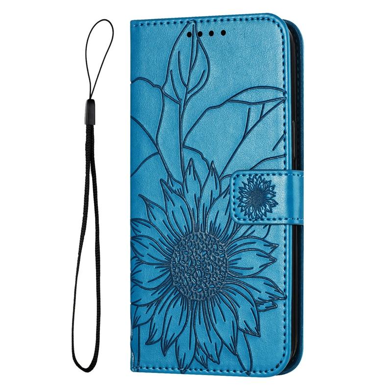 Embossed Sunflower PU Leather Card Holder Flip Cover for Samsung Xiaomi Redmi Huawei Honor Magnetic Hand-strap Wallet Case with Kickstand