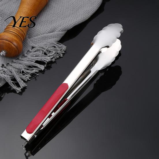 Anti-slip Kitchen Tongs with Anti-Slip Handle And Silicone Scalloped Edges, Stainless Steel Cooking Thumb Rest Locking Food Clips for Grilling