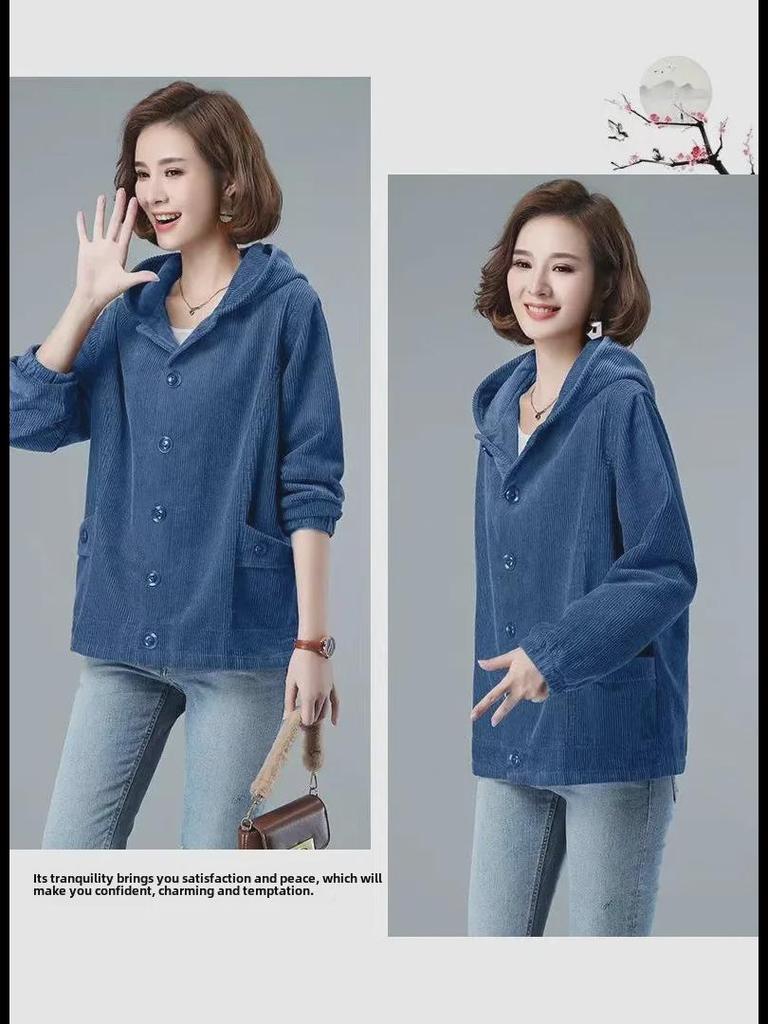 Женская вельветовая куртка с капюшоном весна-осень 2025 года — тонкая, модная, для мам среднего и старшего возраста