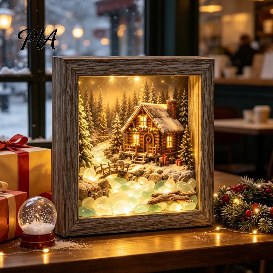 Bedside Ambient Light Christmas Sea Glass Shadow Box Night Light, 3D Winter Snow Scene Wooden Retro Style Wall Decor Art Frame with LED Warm