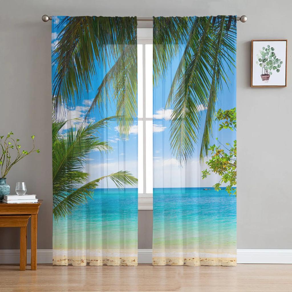 Sand Beach Waves Palm Trees Sheer Curtains for Living Room Decoration Tulle Voile Organza Window Curtains for Kitchen Bedroom