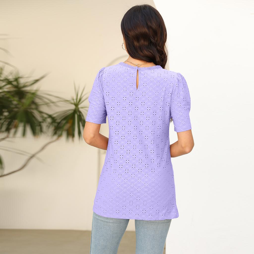 Летняя женская кружевная лоскутная блузка с коротким рукавом розового и белого цвета, повседневная женская пуловер с круглым вырезом, топ