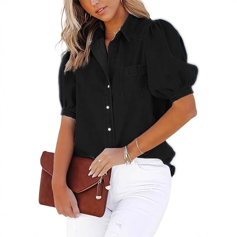 Женская джинсовая рубашка с пышными рукавами, на пуговицах спереди, с коротким рукавом, повседневная блузка, разноцветная