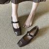 Cashmere splicing square head thick heel single shoes women's middle heel soft leather one-word buckle Mary Jane shoes spring and autumn