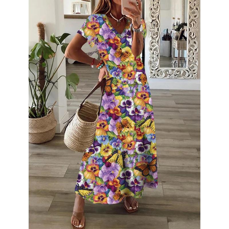 JKASHDK Женская мода лето весна принт короткий рукав V-образный вырез средняя талия повседневные платья