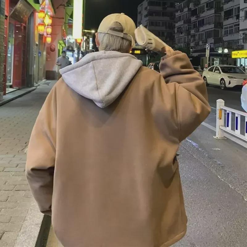 Men's Trendy Hooded Wool Coat, Medium-Length, Fake Two-Piece, Winter Style