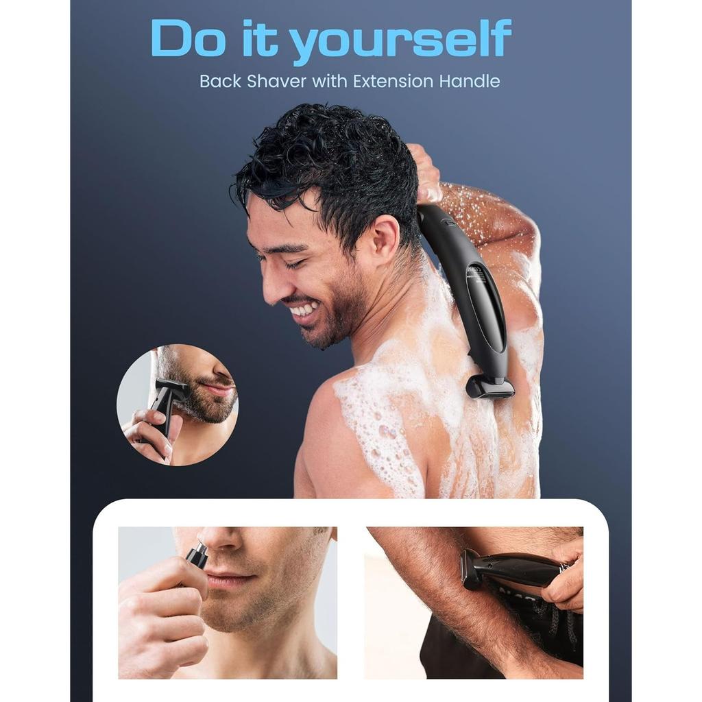 Mens Back Shaver with Long Handle, Multifunctional Self-Service Electric Back Hair Razor with Detachable Handle, Trimmer for Men with Back Attachment