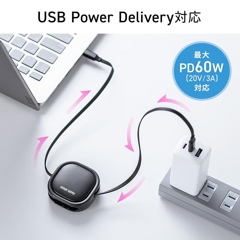 Sanwa Direct Retractable Charging Cable USB-C PD60W Fast Charging 1.2m Data Transfer Both Pulls Reel Type Charging Compact Black 500-USB086BK