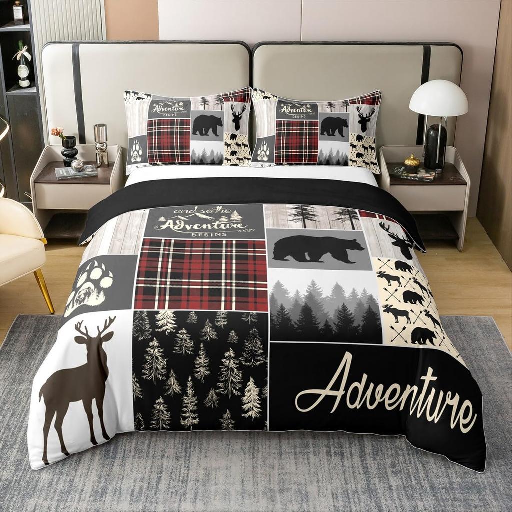 Erosebridal Hunting Deer 100% Cotton Duvet Cover Queen Size for Boys Rustic Farmhouse Bedding Set Bear Adventure Themed Comforter Cover West