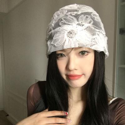 Женская тонкая кружевная повязка на голову с пайетками и цветочным узором в корейском стиле, летняя, легкая, милая, универсальная, для большого обхвата головы, шапка-бини с отворотом