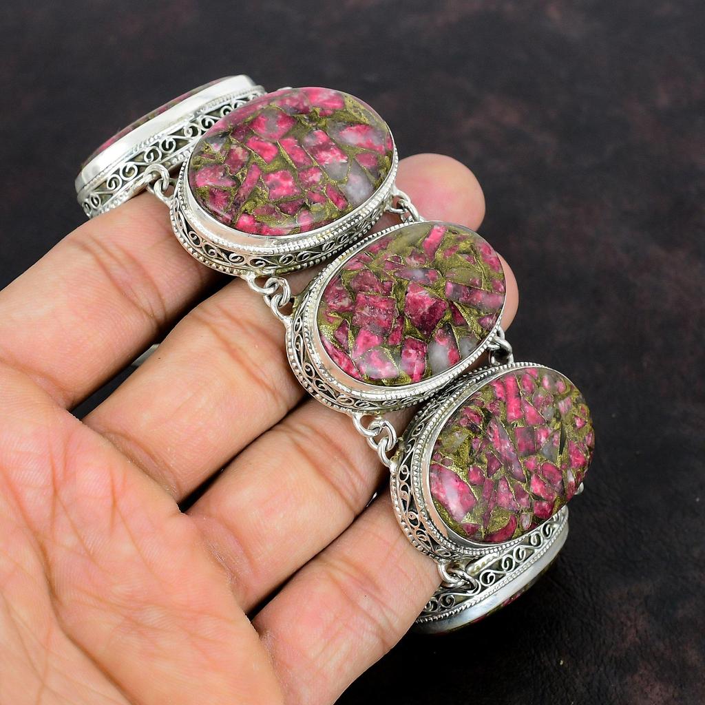 Медный браслет из тулита, браслет из драгоценных камней, браслет из стерлингового серебра 925 пробы, ювелирные изделия ручной работы, регулируемый браслет-цепочка, винтажный браслет для подарков