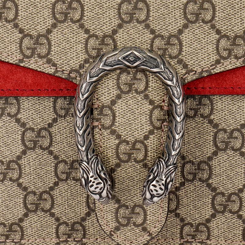 Gucci Dionysus Textured Tiger Head Spur Buckle Logo Print Canvas And Suede Chain Shoulder Bag Women Shoulder Bag Ebony 421970-KHNRN-8698