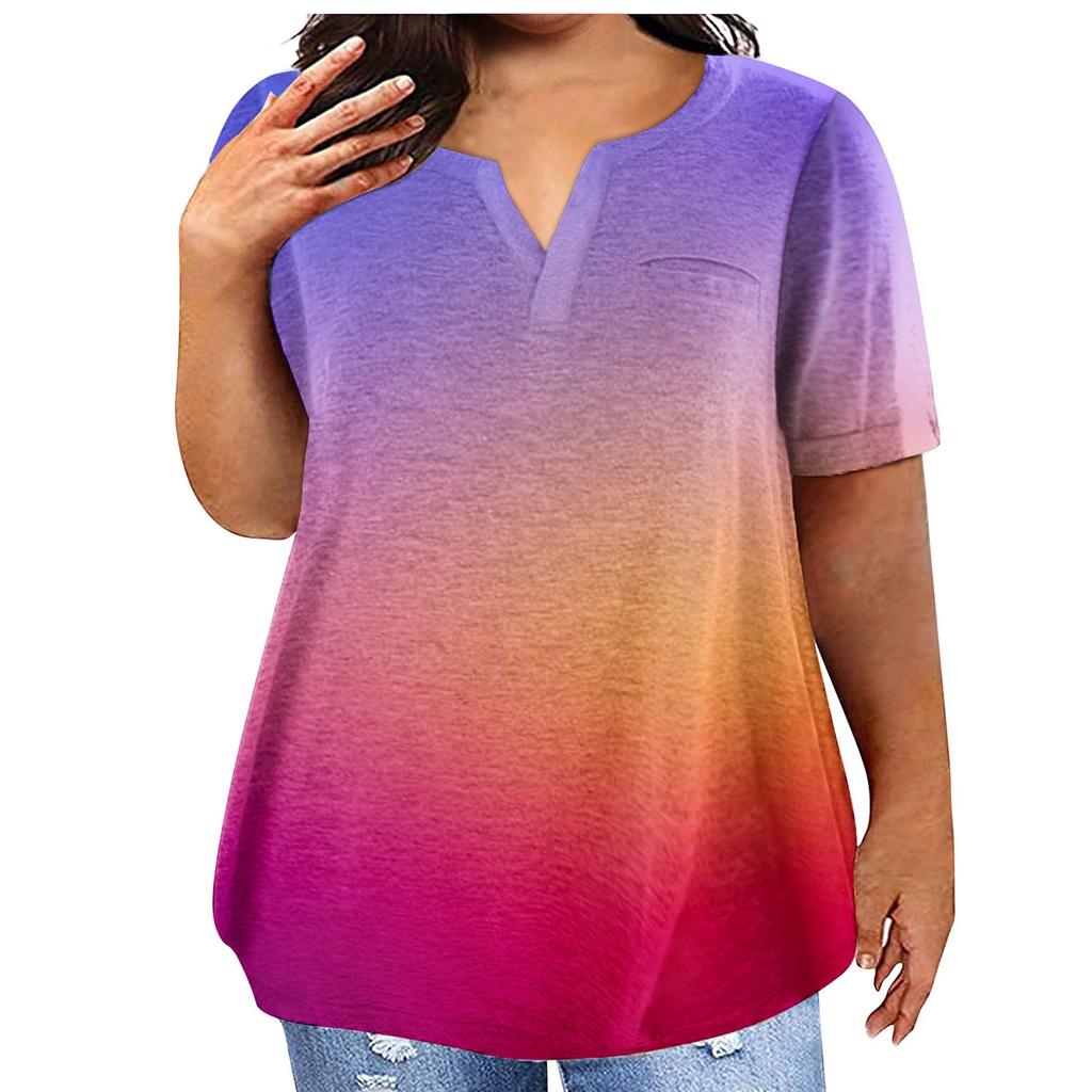 Fashion Plus Size Women's Casual Short Sleeve Round Neck Gradient Print T-shirt With Pockets