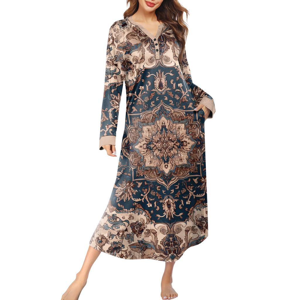 Женская ночная сорочка длинная домашняя одежда с V-образным вырезом и карманами