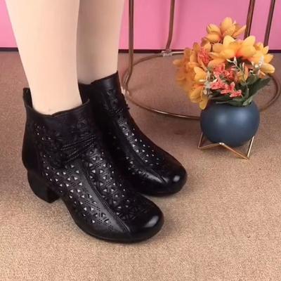 2025 летние новые полые короткие сапоги на толстом каблуке, классные сапоги на мягкой подошве в стиле ретро, повседневные, для танцев среднего возраста, легкие сетчатые сапоги на среднем каблуке