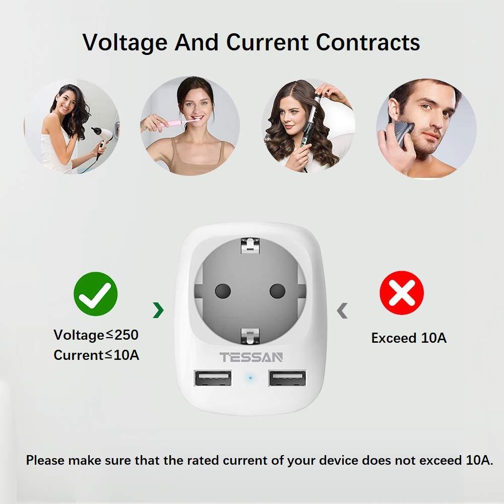 Tessan Адаптер 3-в-1 для Австралии, Китай, Германия, вилка с 2 USB-разъемами, серый цвет