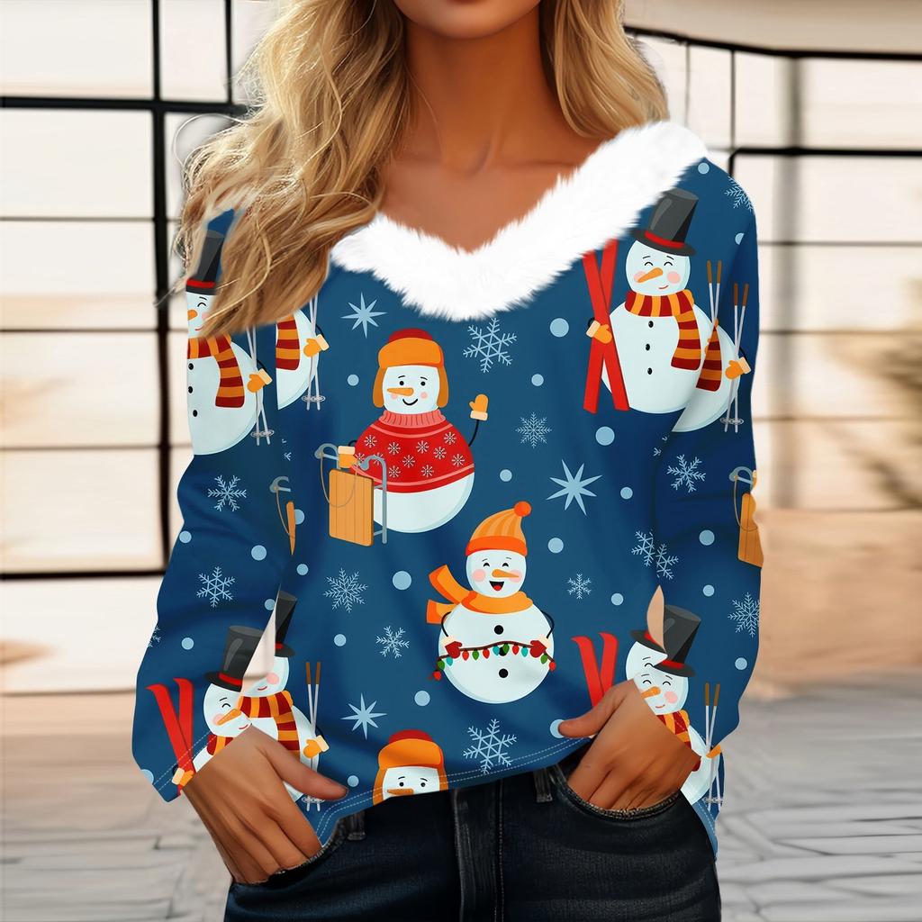 Рубашки с длинным рукавом для женщин Милые топы Рождественские принты Футболки Блузки Повседневные топы больших размеров Базовые топы Пуловеры