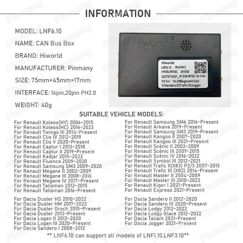 Car Radio CAN Bus Adapter Hiworld LNF6 for Renault Clio Kadjar Megane Talisman Arkana Kangoo Scenic Trafic Master Kiger Taliant
