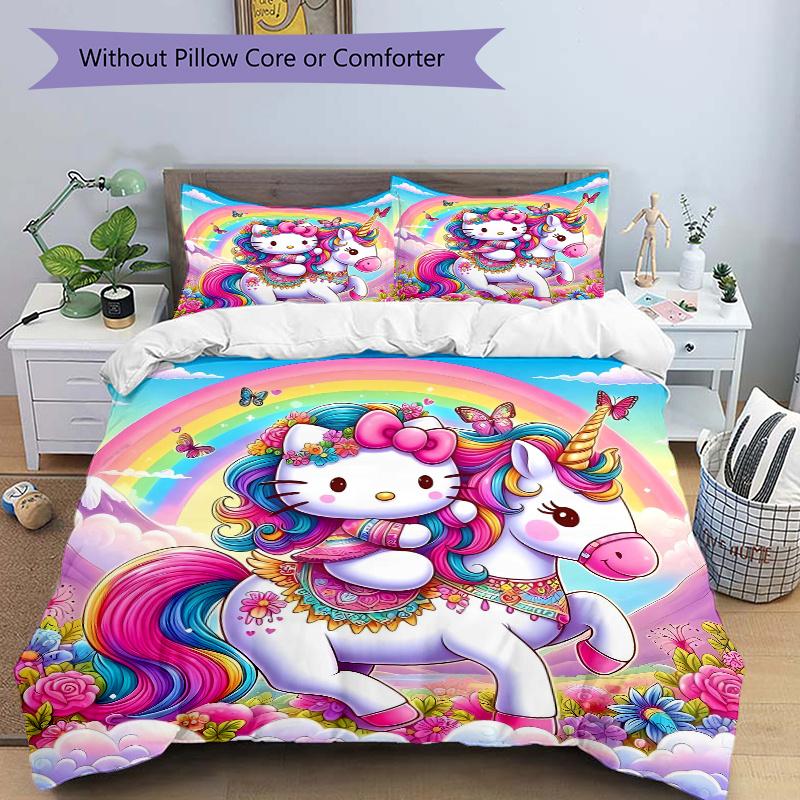 3pcs Hello Kitty as a Rainbow Unicorn Pattern Bedding Set, 1* Cover + 2*Pillowcases, Printed Bedding Set, Soft and Comfortable, Suitable for
